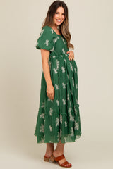 Green Floral Print Ruffle Hem Maternity Midi Dress