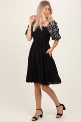 Black Embroidered Puff Short Sleeve Square Neck Dress