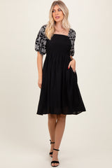 Black Embroidered Puff Short Sleeve Square Neck Dress