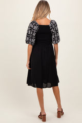 Black Embroidered Puff Short Sleeve Square Neck Maternity Dress