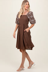 Brown Embroidered Puff Short Sleeve Square Neck Dress