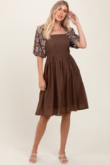 Brown Embroidered Puff Short Sleeve Square Neck Maternity Dress