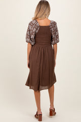 Brown Embroidered Puff Short Sleeve Square Neck Maternity Dress