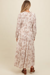 Mocha Floral Button Front Tiered Long Sleeve Maternity Maxi Dress