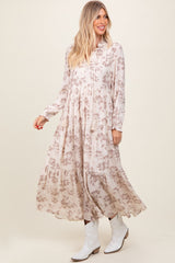 Mocha Floral Button Front Tiered Long Sleeve Maxi Dress