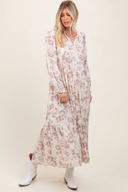 Mocha Floral Button Front Tiered Long Sleeve Maxi Dress