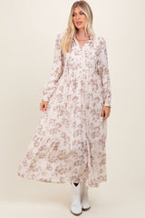 Mocha Floral Button Front Tiered Long Sleeve Maxi Dress