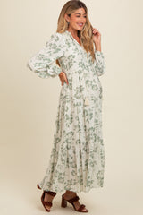 Olive Floral Button Front Tiered Long Sleeve Maternity Maxi Dress