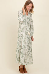 Olive Floral Button Front Tiered Long Sleeve Maxi Dress