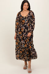 Black Floral V-Neck Long Sleeve Maternity Midi Dress