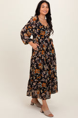 Black Floral V-Neck Long Sleeve Midi Dress