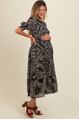 Black Paisley Button Front V-Neck Tiered Maternity Midi Dress