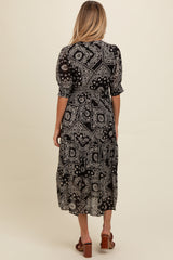 Black Paisley Button Front V-Neck Tiered Maternity Midi Dress