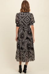 Black Paisley Button Front V-Neck Tiered Midi Dress