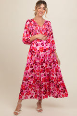 Pink Floral Wrap Front Smocked V-Neck Tiered Maternity Midi Dress