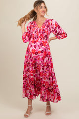 Pink Floral Wrap Front Smocked V-Neck Tiered Maternity Midi Dress