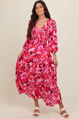 Pink Floral Wrap Front Smocked V-Neck Tiered Midi Dress