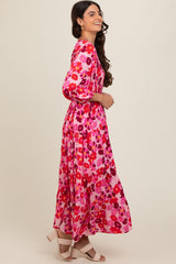 Pink Floral Wrap Front Smocked V-Neck Tiered Midi Dress