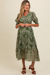 Green Paisley Button Front V-Neck Tiered Maternity Midi Dress