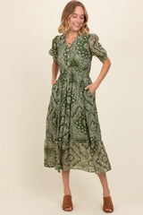 Green Paisley Button Front V-Neck Tiered Maternity Midi Dress