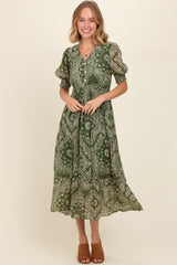 Green Paisley Button Front V-Neck Tiered Midi Dress