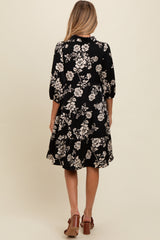 Black Floral Button Down Collared Maternity Dress