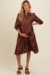 Brown Floral Button Down Maternity Midi Dress