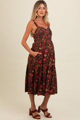 Brown Floral Sweetheart Neck Button Down Maternity Midi Dress