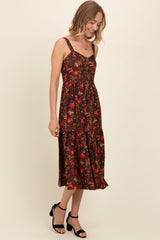 Brown Floral Sweetheart Neck Button Down Midi Dress