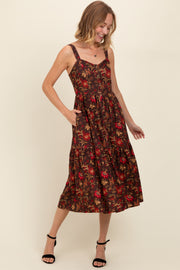 Brown Floral Sweetheart Neck Button Down Midi Dress