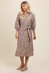 Mocha Leaf Print Button Down Front Tie Midi Dress