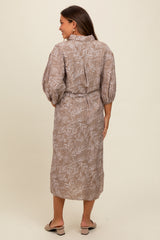 Mocha Leaf Print Button Down Front Tie Maternity Midi Dress