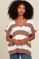 Taupe Striped V-Neck Sweater Top