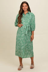 Green Mocha Leaf Print Button Down Front Tie Maternity Midi Dress