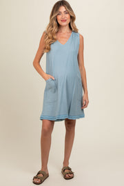 Light Blue Double Pocket Frayed Trim Maternity Dress