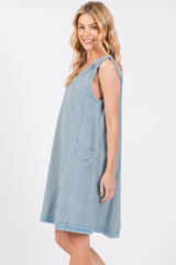 Light Blue Double Pocket Frayed Trim Dress