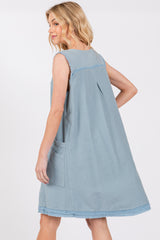 Light Blue Double Pocket Frayed Trim Dress