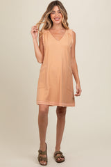 Peach Double Pocket Frayed Trim Maternity Dress