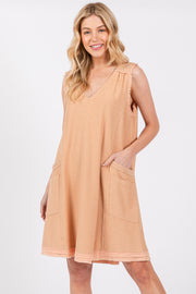 Peach Double Pocket Frayed Trim Dress