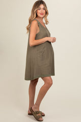 Olive Double Pocket Frayed Trim Maternity Dress