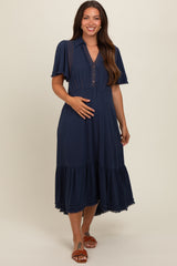 Navy Collared Pocketed Maternity Midi Dress