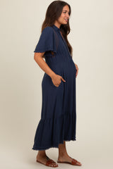 Navy Collared Pocketed Maternity Midi Dress