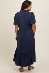 Navy Collared Pocketed Maternity Midi Dress