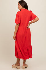 Red Collared Pocketed Maternity Midi Dress