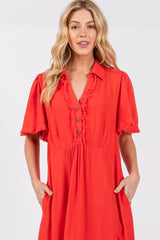 Red Collared Pocketed Midi Dress