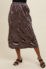 Brown Velvet Crinkled Midi Skirt