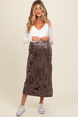 Brown Velvet Crinkled Maternity Midi Skirt