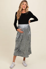 Blue Velvet Crinkled Maternity Midi Skirt