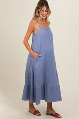 Blue Tiered Hem Maternity Midi Dress