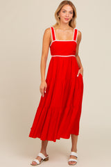 Red Scallop Trim Tiered Midi Dress